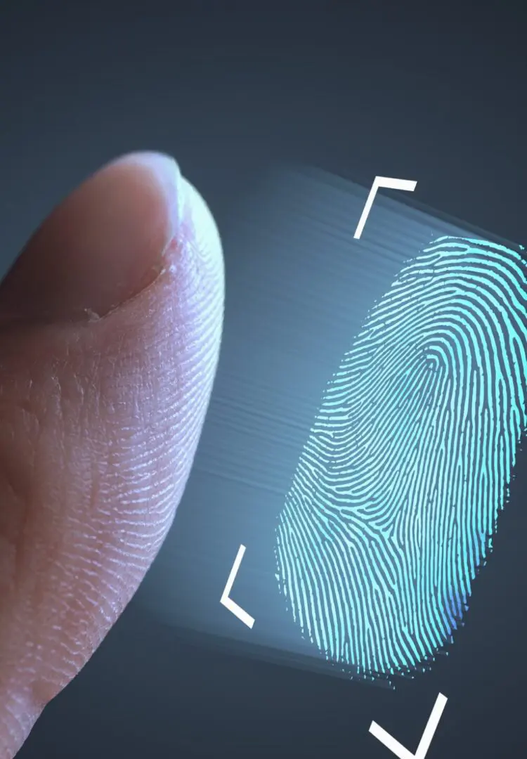 GettyImages-1134765626 Fingerprint scanning technology with digital fingerprint display.