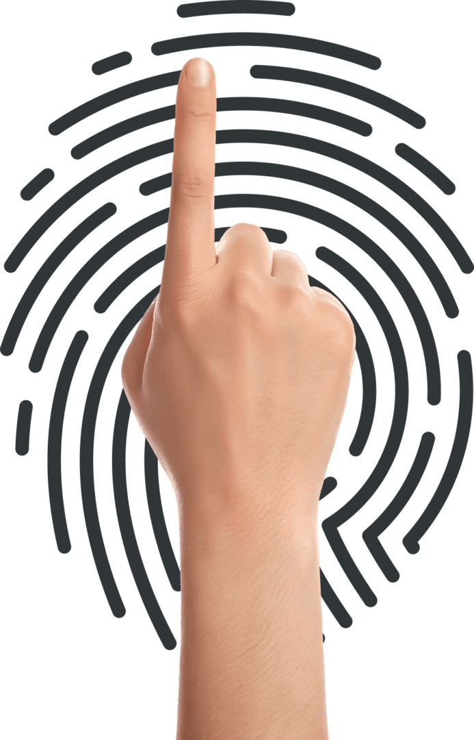 Group 1 Hand pointing with fingerprint pattern background.