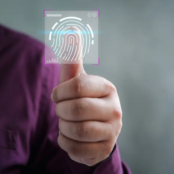 Thumb with digital fingerprint scanning overlay.